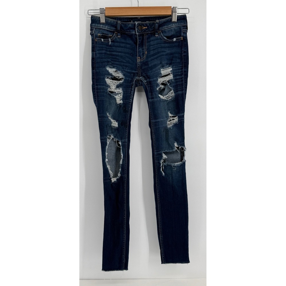 Hollister Super Skinny Jeans Womens Sz 0 W24 Dark Wash Distressed Low Rise